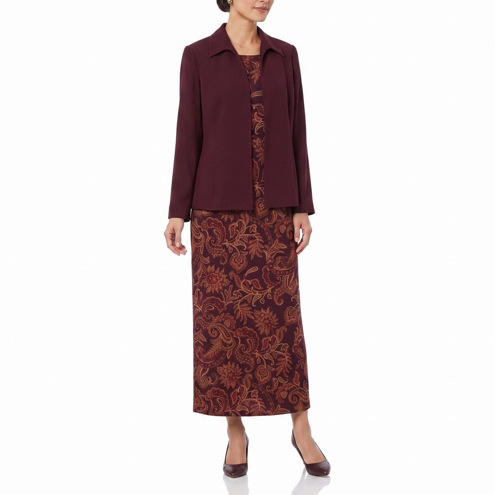 Studio I Dress Set Womens 16 Burgundy Paisley Maxi Jacket 2pc NWT